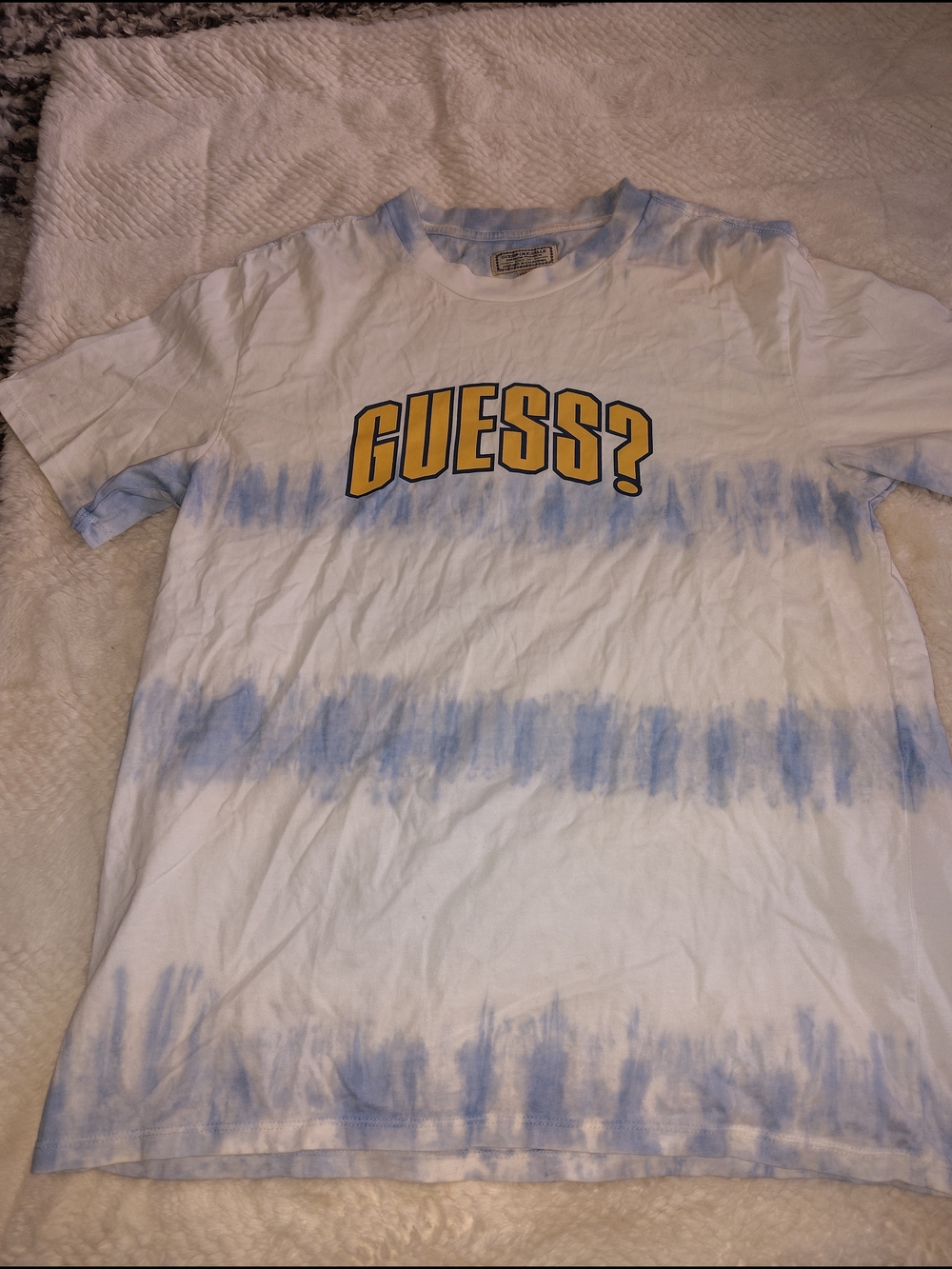 GUESS? White & Light Blue Tie-Dye Logo Tee